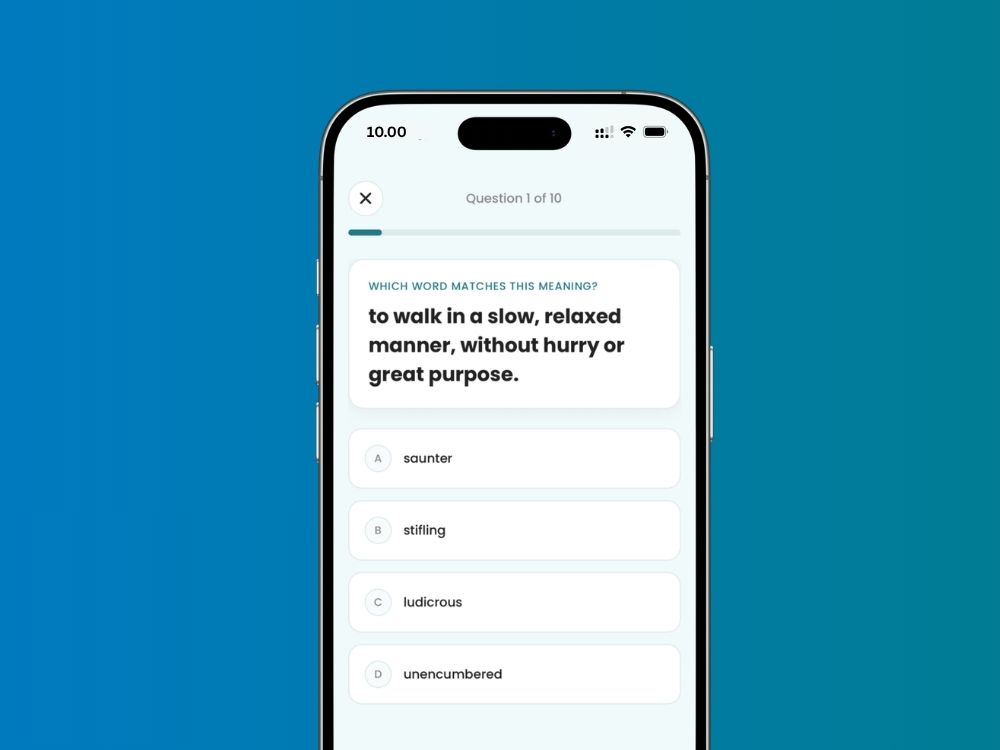 A Vocably quiz question beside the progress screen showing a streak and an activity calendar.